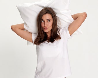 White cotton t-shirt, V-neck, Basic white t-shirt, clothes to sleep, Sleep & Lounge, Clothes for women