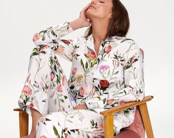 Women cotton pajamas, Garden flowers print, Pajamas set, Pyjamas shirt and bottom, Sleepwear