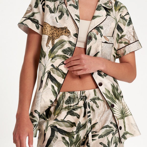Frauen Baumwolle Pyjamas, Dschungel, Tropisches Muster, Pyjamas Set, Pyjamas Kurzarmshirt und Shorts, Nachtwäsche