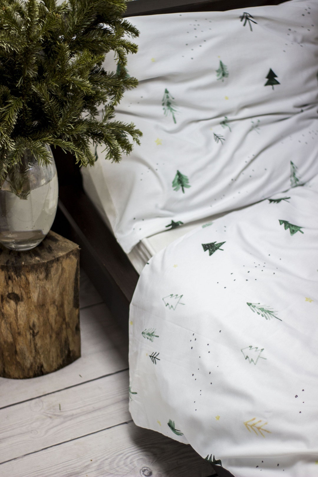 Christmas Trees Duvet Cover, White & Green, Cotton Duvet Cover, Bedding