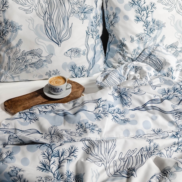 Housse de couette, housse de couette en coton blanc et bleu, bel ensemble de literie, housse de couette monde sous-marin, ensemble de literie pour enfants, literie personnalisée