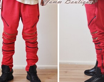 Men's Drop Crotch Side &Back Pocket Zip Open Knee Side Cotton Jogger Harem Pants