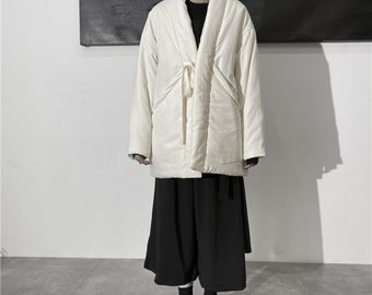 MEN Winter V-Collar Design Dark Neutral Kimono / Padded Coat Quilted Overlong Coat / Loose Long Jacket / Kaftan Maxi Dress