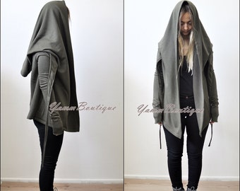 Cyberpunk Asymmetric Big Hooded Tie Women Dark Sweatshirt Shawl Hoodie / Winter Wear coat