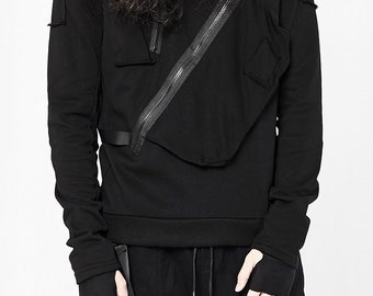 Front Chest Pocket Dark Hooded Sweater Hong Kong Style Street Fashion Men's Punk Casual Long Black Slim Fit - Tactical Ashassin Hoodie-BB096