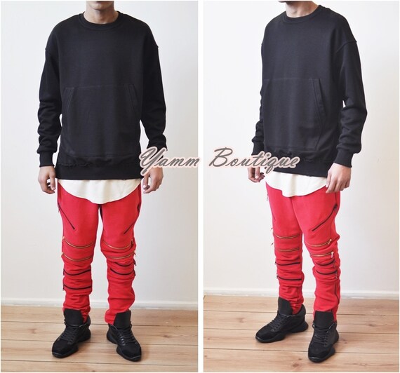 Oversized Men's Front Half Zipper and Side Zippers Hoodie Crew Neck  Sweatshirt 