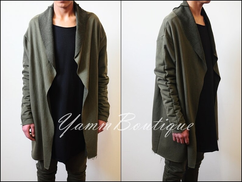 Oversized Men's Black Long Essentials Sweater Cardigan With Hood / - Seam Details - LONG ASYMMETRIC CUT Winter 