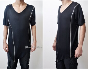 New Men's Short Sleeve T-Shirt / Relaxed Fit Longline/ Drop Shoulder / Black White Layer Stitching Folded Sleeve Long Fitted