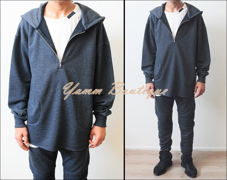 Winter Essential Raw Half Zip Hoodie Oversized Men/'s Sweater Drop Shoulder RearNeck Badge Kanye Hoodie