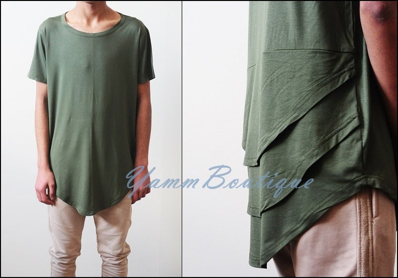 Olive Distressed Scoop Wide Neck Short Sleeve Extended Folded Back Tshirt --- Relaxed fit / Long Fitted 