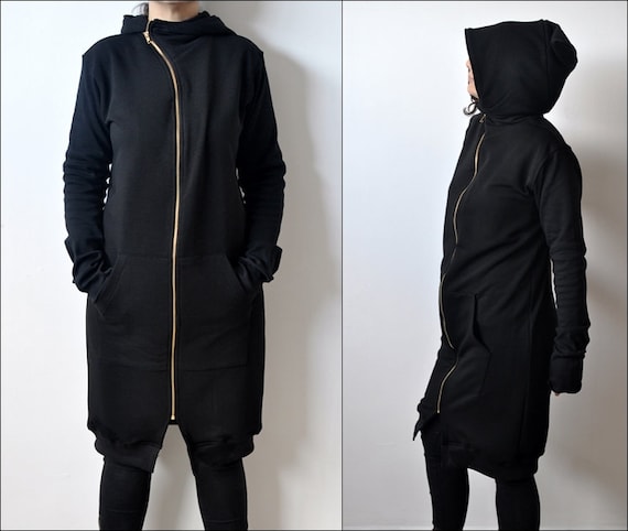 Buy Women Long Zip up Hoodie / Asymetric Full-zip Collar Cotton