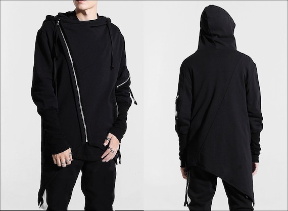 Men's Asymmetric Cut Zipper Sleeve Hooded Full Jacket Gothic Hoodie / Fleece Pullover Black Hoodie ThumsHole