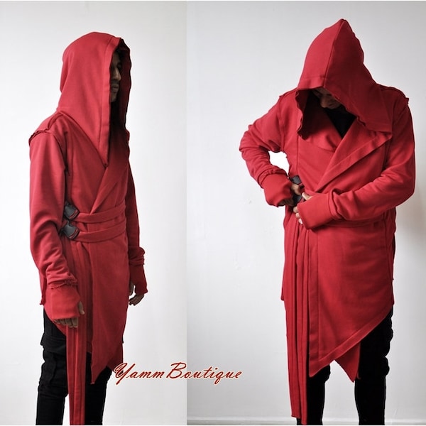 Hooded Cardigan Kimono Cyber Goth Jacket,Long Asymmetric Punk Cosplay Urban Coat Steampunk Futuristic- Post Apocalyptic Cyber