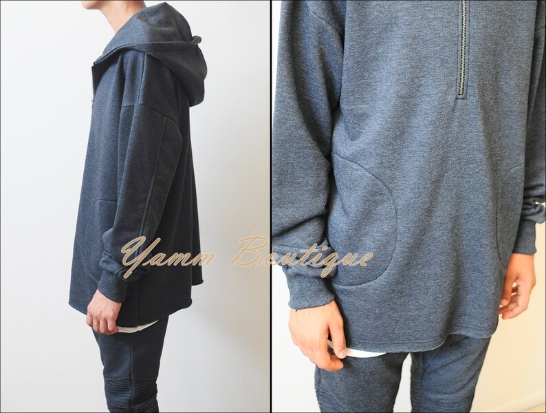 Winter Essential Raw Half Zip Hoodie Oversized Men/'s Sweater Drop Shoulder RearNeck Badge Kanye Hoodie