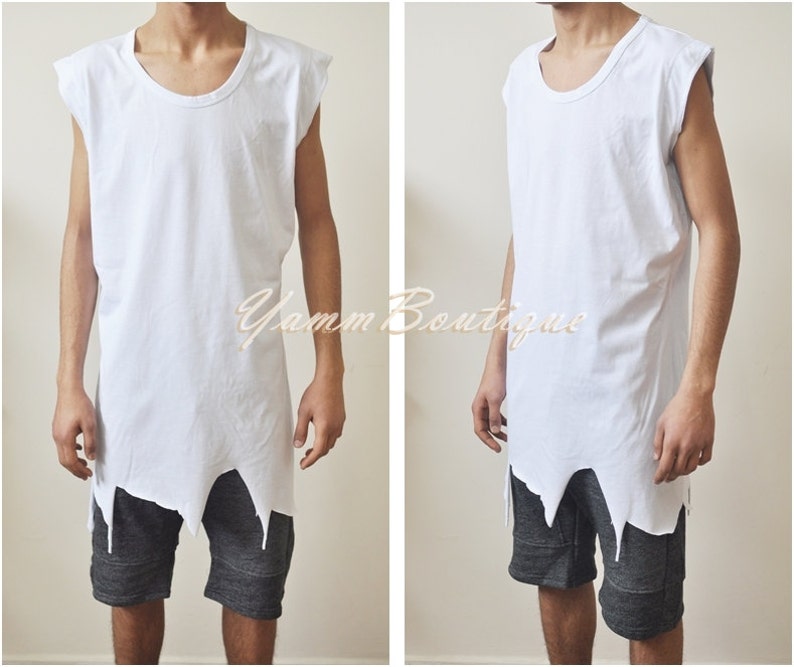 Men's Asymmetric Hem Ripped Distressed Cut Essential Extended Silky Long Tank Top Oval Hem 