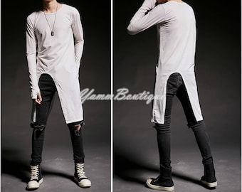 Long Sleeve Cotton Asymmetric Front & Back Cut / Round Neck and Long Tuxede Tail Tshirt-BB418