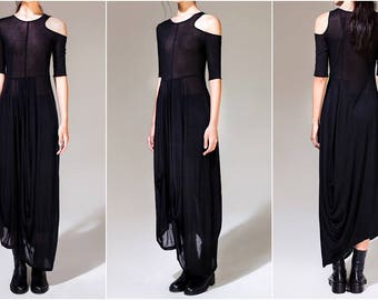 Black Asymmetrical Open Shoulder Black Pleats Fitting Draped Skirt Maxi Dress Silky Cotton Oversized Long Tunic Top Jersey Kaftan Maxi Dress