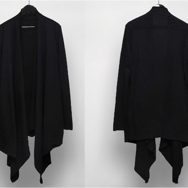 Draped Asymmetric Cut Dark Black Oversized Men's Cardigan Long Sleeve Raw Edges Jackets