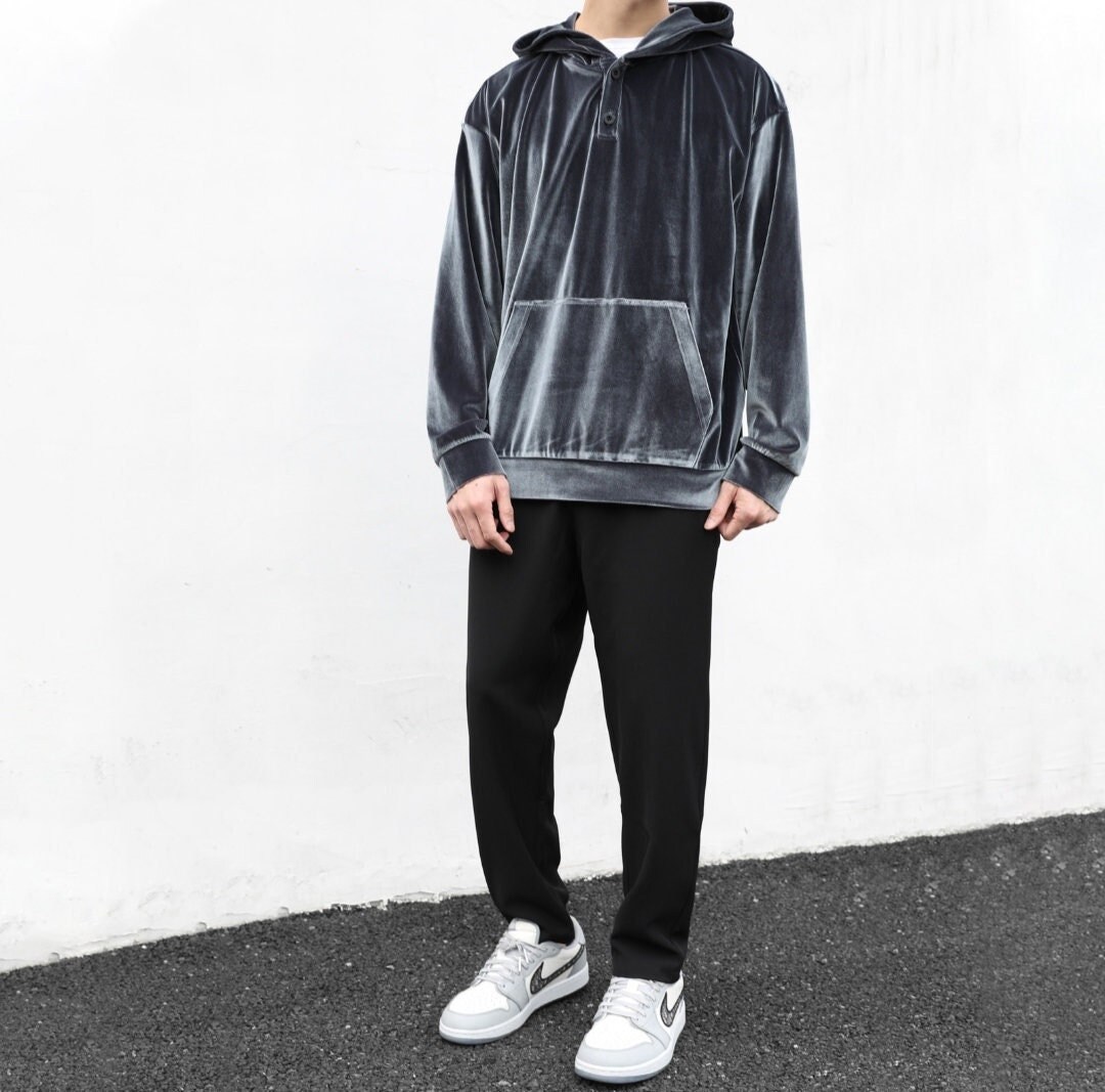 Mens Front Half Quarter Button HOODIE Premium Sily Velour Velvet