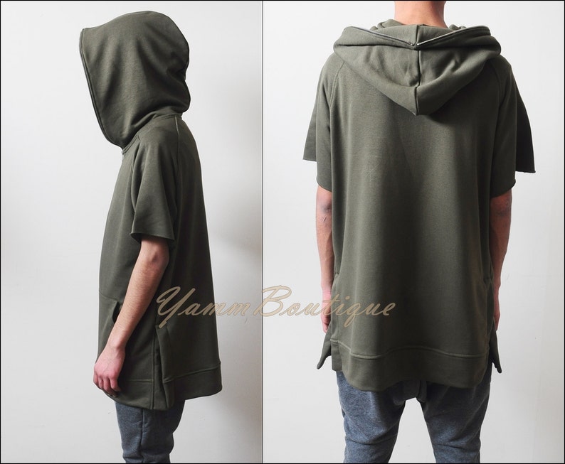 Oversized Men's GYM Short Sleeve HOODIE // Front Half Zipper and Side Slits Short Sleeve Hoodie Sweatshirt image 4