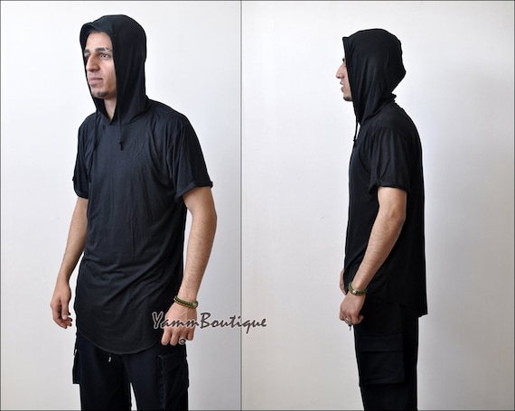 Men's New Short Sleeve Hooded Long T-shirt / Raw Edge Asymmetric