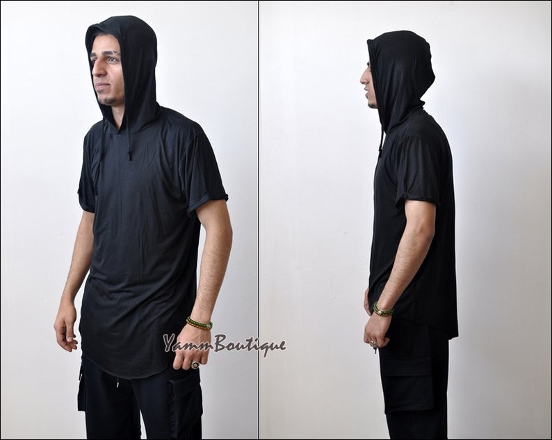 Men's New Short Sleeve Hooded Long T-shirt  /  Raw Edge Asymmetric Cut T-Shirt / Relaxed Fit Longline/ Drop Shoulder Hoodie Tee 