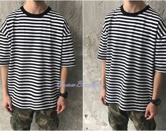 Awesome Knit Striped Black/Beige Under Scoop Knit Short T-shirt - Extended Overlong Short Sleeve - - Drop Shoulder Centre back seam