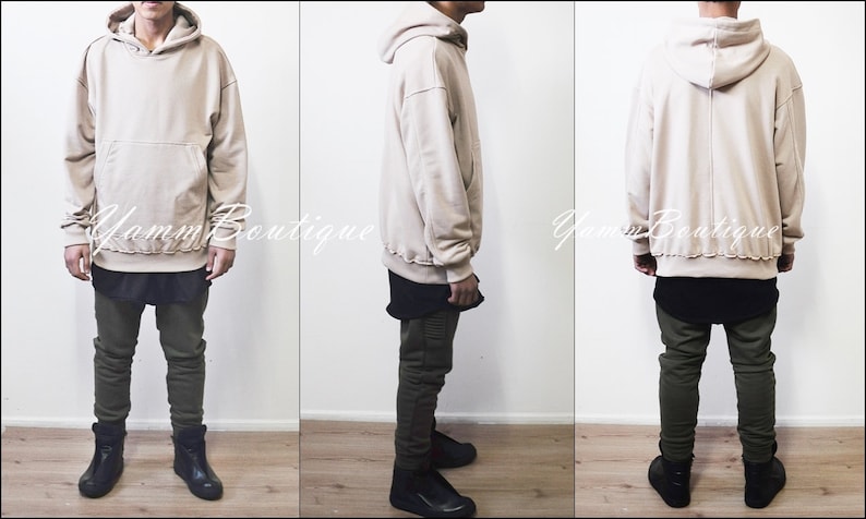 Oversized Essentials Men/'s Raw Edge 80/'s Sweater Oversized Fit Dropped Shoulder RearNeck Badge Kanye Hoodie