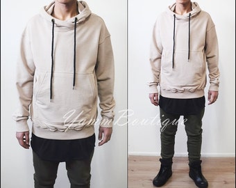 Oversized Essentials Men's Raw Edge 80's Sweater Oversized Fit Dropped Shoulder / Cross Neck Badge Hoodie