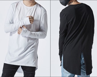 Men's Long Sleeve Cotton Back Extended tee Feauturing a Round Neck and Long Tuxede Tail Thumbs Hole Glove Sleeve Tshirt-BB460