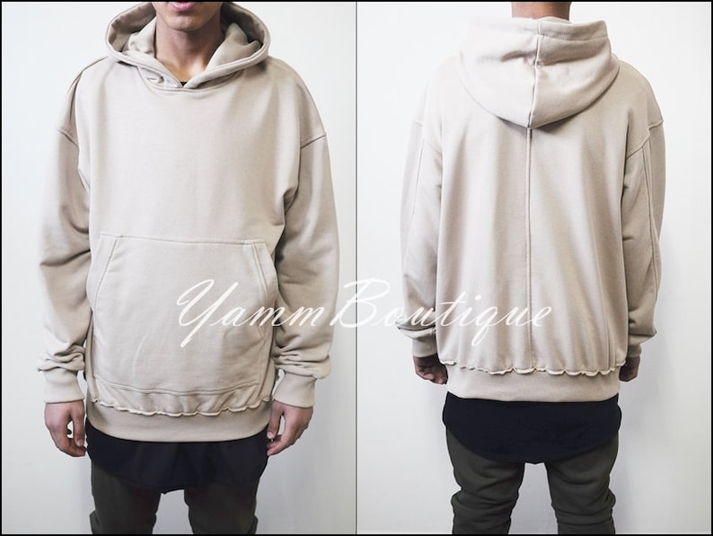 Oversized Essentials Men/'s Raw Edge 80/'s Sweater Oversized Fit Dropped Shoulder RearNeck Badge Kanye Hoodie
