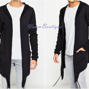 Men's Cardigan Long Sleeve Raw Edges Jackets, Soft Asymmetrical Cut Dark Black Oversized Gothic clothing -BB086