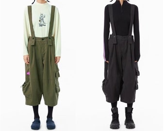 Suspender Trousers // Strap Jumpsuit Salopet Loose High Waist Black Drop Crotch Harem Pants Extravagant /Unisex Sarrouel Japanese Cott Yoga