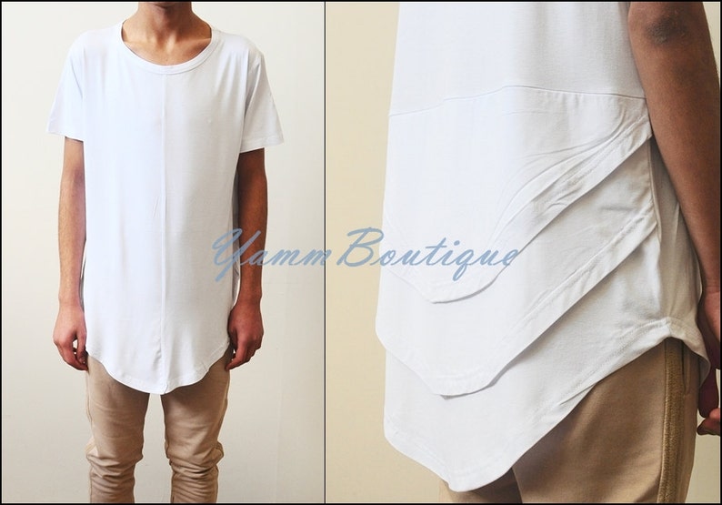 White Distressed Scoop Wide Neck Short Sleeve Extended Folded Back Tshirt --- Relaxed fit / Long Fitted 