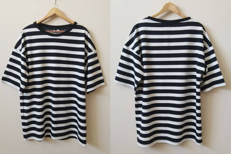 Black White Striped  Dropped Shoulder 0 Neck Scoop Short image 2