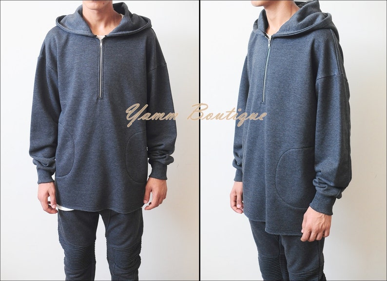 Winter Essential Raw Half Zip Hoodie Oversized Men/'s Sweater Drop Shoulder RearNeck Badge Kanye Hoodie