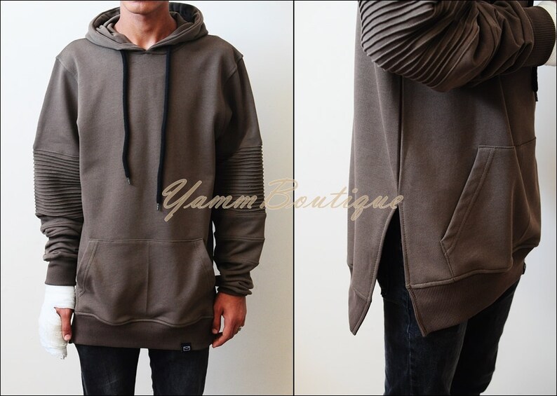 BM Real Biker Cotton Kangaroo Pocket Side Slit Hoodie Pintuck on the Sleeves for Men Kanye Hoodie