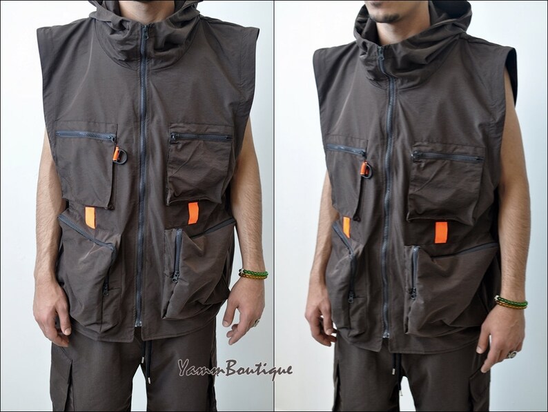 2 Pieces Brown Sets Men Fashion Detachable Cargo Waistcoat With Pockets Military Jacket And Loose Fit Elastic Waist Buckle Pants Hip Hop
