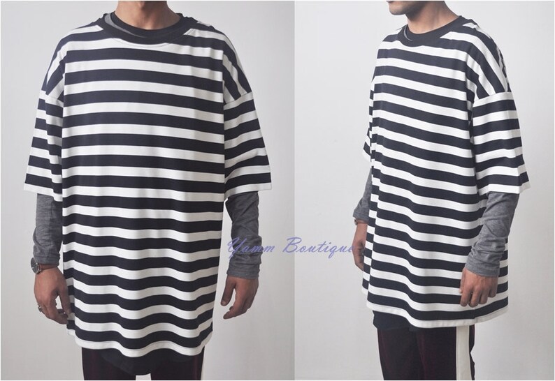 Black White Striped  Dropped Shoulder 0 Neck Scoop Short Sleeve T-shirt - Extended Overlong - - Drop Shoulder Centre Seam 