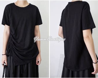 Dark Cotton Asymmetric Ruffle Top Draped Design Long Sleeve Tunic Dress / Knot Tie Waist Wrap