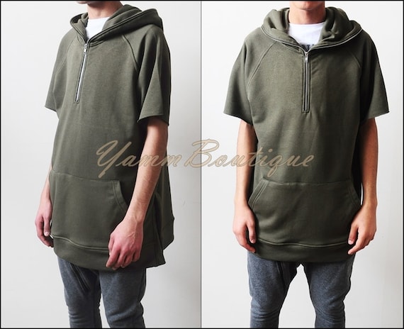 Oversized Men's GYM Short Sleeve HOODIE // Front Half Zipper and Side Slits Short  Sleeve Hoodie Sweatshirt 