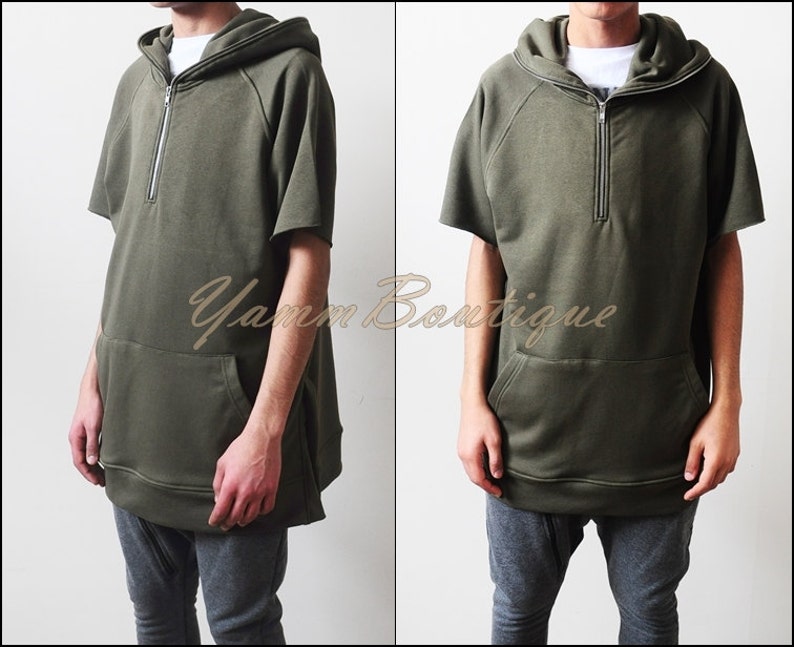Oversized Men's GYM Short Sleeve HOODIE // Front Half Zipper and Side Slits Short Sleeve Hoodie Sweatshirt image 1