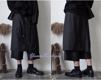 XS-8XL Black Avant Garde Loose Wide Leg Skirt Layer Pants Shorts Elasticated High Waistband Sarrouel Japanese Cotton Trouser Yoga Goth BB809