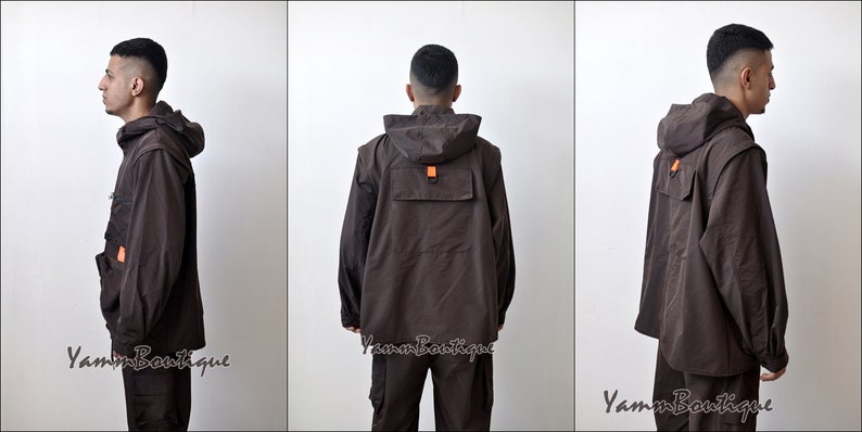 2 Pieces Brown Sets Men Fashion Detachable Cargo Waistcoat With Pockets Military Jacket And Loose Fit Elastic Waist Buckle Pants Hip Hop