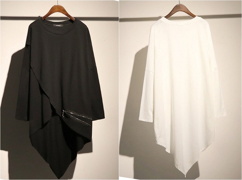 Unisex Asymmetrical Long Sleeve /Short  long T-shirt Loose Large/ Lengthen Extended Tshirt Tunic Raw / Zip Accesories 