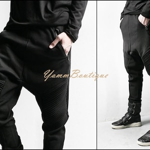 Biker Drop Crotch Cotton Dual Zip Pants for Men Slim-Fit Essential Trouser Pintuck detail on Knee