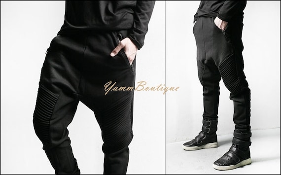 Biker Drop Crotch Cotton Dual Zip Pants for Men Slim-fit Essential Trouser  Pintuck Detail on Knee 