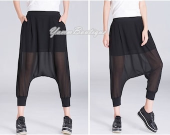 Transparant Crepe Black Drop Crotch Pants / Mesh Pants / Womens Harem Pants Saruel / Low Crotch / High Waist / Elastic Band