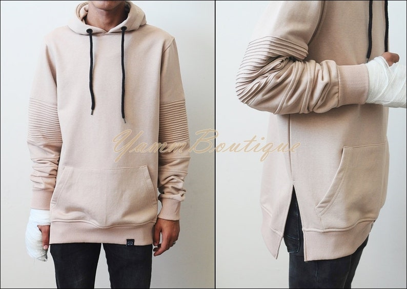 BM Real Biker Cotton Kangaroo Pocket Side Slit Hoodie Pintuck on the Sleeves for Men Kanye Hoodie