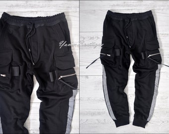 Black Men\'s Reflective pocket Pants/ Street Bands Lounge Cargo / Etsy Multi - Jogger Ninja High Trouser